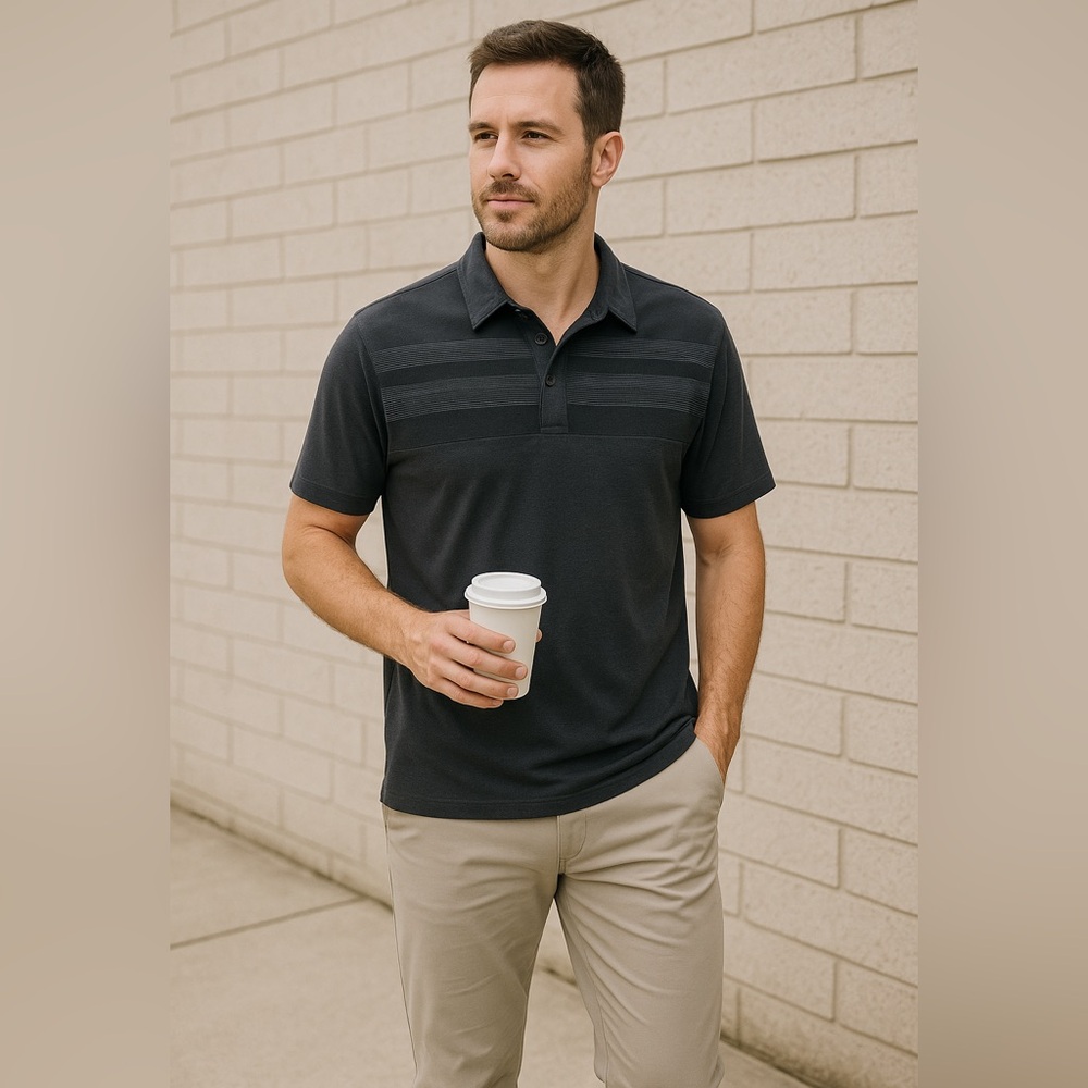 TravisMathew Black Gray Stripe Performance Polo Shirt Men’s Size Golf Casual M